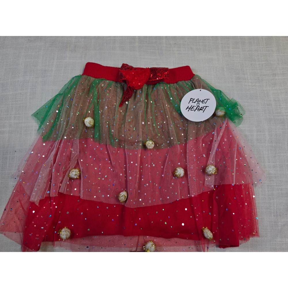 Planet Heart Christmas Tutu Skirt Red Green Sequin Pom Poms Holiday Small NWT